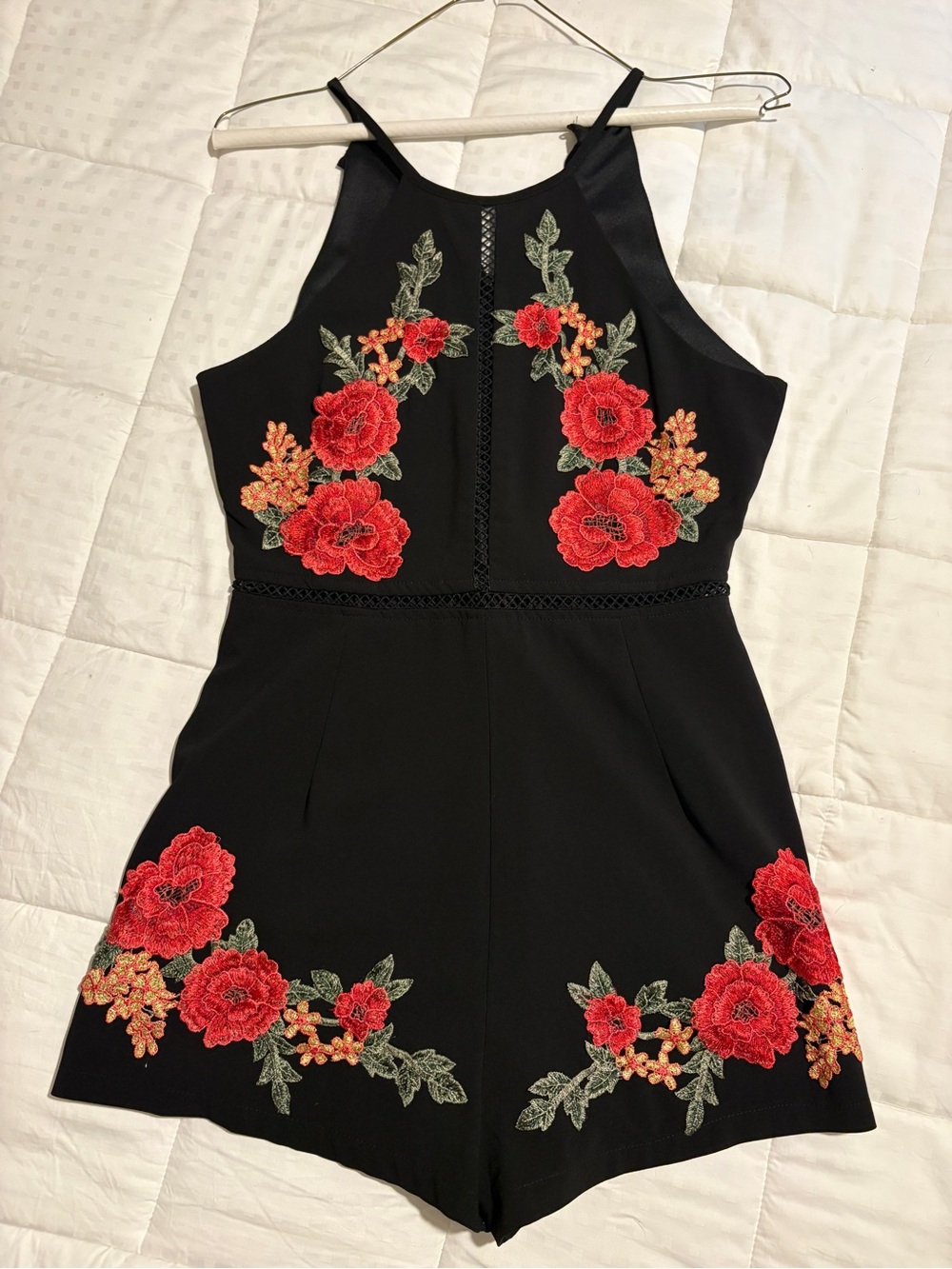 Black Floral Embroidered Romper Dress